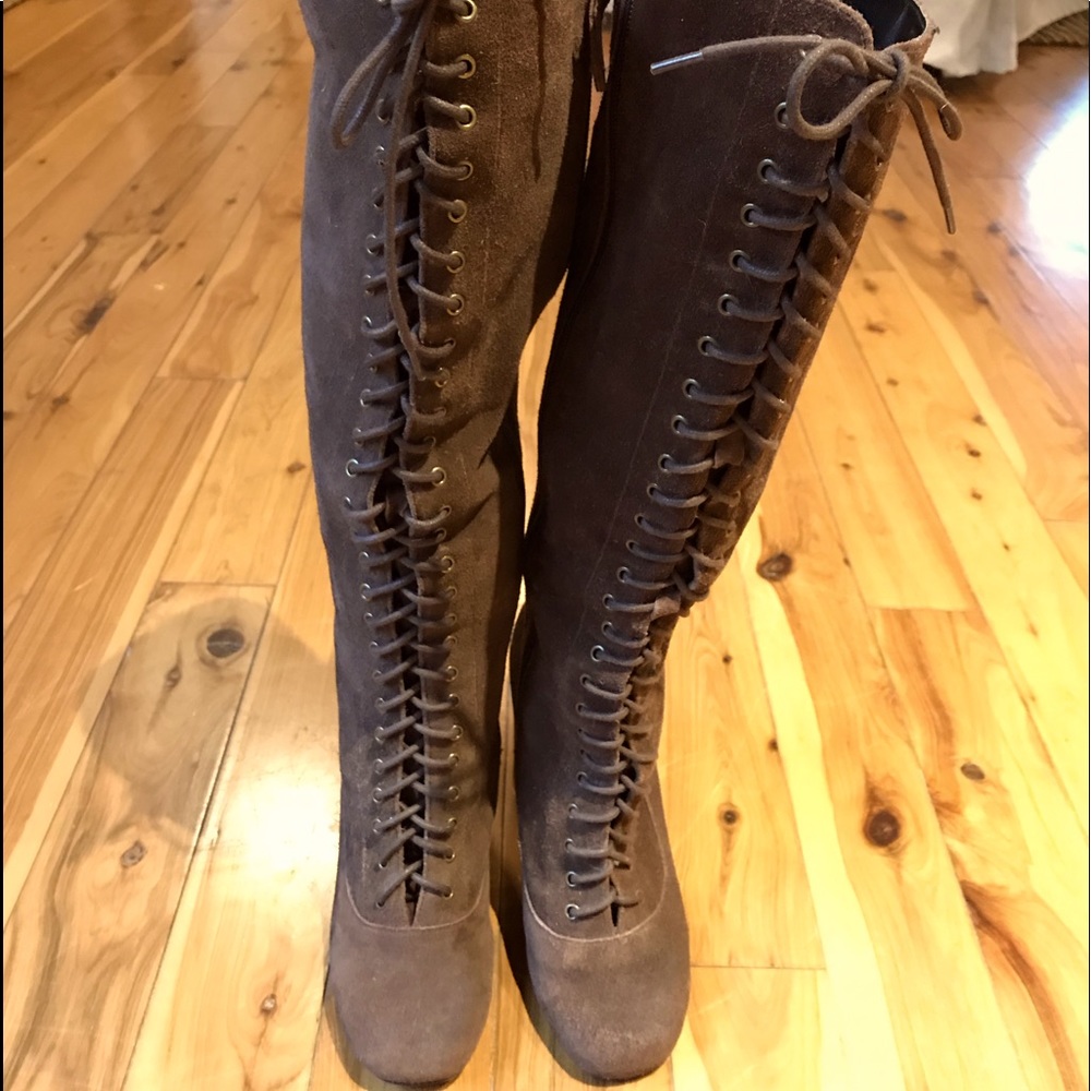Brown Suede Lace-Up Tall Boots